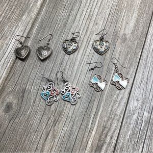 Valentines Love Romance Heart Drop Dangle Earrings Silver Toned 4 Pair